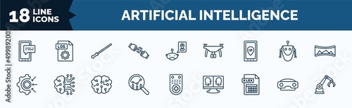 set of artificial intelligence web icons in outline style. thin line icons such as survey, finger control, ip, goals, prediction, xlsx, stereoscope, mechanical arm vector.
