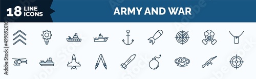 set of army and war web icons in outline style. thin line icons such as chevrons, warship, militar radar, helicopter, shoulder strap, knuckle, , gun shooting vector.