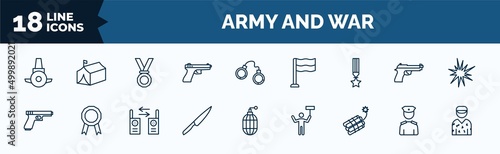 set of army and war web icons in outline style. thin line icons such as submarine front view, , militaty medal, gun, knife, dynamite, lieutenant, conscription vector.