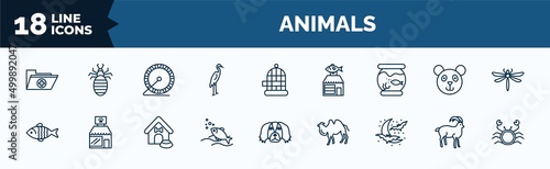 set of animals web icons in outline style. thin line icons such as medic folder, heron, fishbowl, carp, fishes in the ocean, moon and bats, mouflon, crab vector.