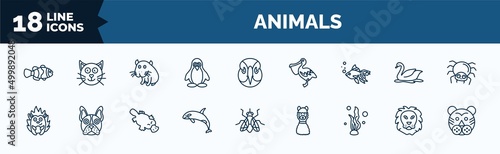 set of animals web icons in outline style. thin line icons such as clown fish, penguin, gold fish, hedgehog, grampus, seaweed, lion, tiger vector.