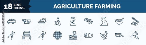 set of agriculture farming web icons in outline style. thin line icons such as pickup, fruit, roak, pruners, riddle tool, hen, farm trailer, meat vector.