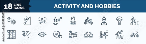 set of activity and hobbies web icons in outline style. thin line icons such as boggle, relaxing, ballerina, checkers, disc jockey, resting, jumping to the water, bmx vector.