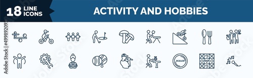 set of activity and hobbies web icons in outline style. thin line icons such as balancing, golf playing, downhill, warming up, petanque, dealer, quilt, sing vector.