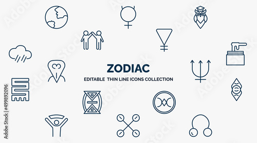 concept of zodiac web icons in outline style. thin line icons such as earth, wisdom, soapstone, wax, neptune, divinity, still, gods guidance, coagulation vector.