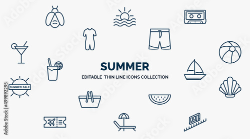 concept of summer web icons in outline style. thin line icons such as firefly, caste, swimming trunks, beach ball, yatch boat, seashell, slice of melon, sunbed, funicular vector.
