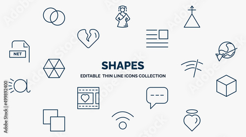 concept of shapes web icons in outline style. thin line icons such as circles, phosphorus, paragraph, moon and broom, winshield wiper, blank cube, oval speech bubble, wireless, pure love vector. photo