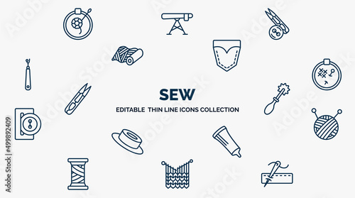 concept of sew web icons in outline style. thin line icons such as embroidery, sewing tools, jeans pocket, embroidery hoop, tracing wheel, ball of wool, glue stick, handloom, running stitch vector.