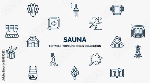 concept of sauna web icons in outline style. thin line icons such as hyperthermia, sound stimulation, adrenalin rush, turkish bath, hideaway, birching, vasta, hemlock, kneipp hose vector.