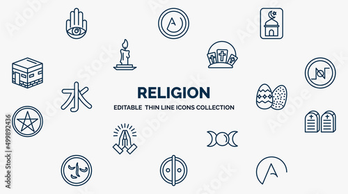 concept of religion web icons in outline style. thin line icons such as hamsa, , calvary, nihilism, easter eggs, commandments, goddess, animism, atheism vector.