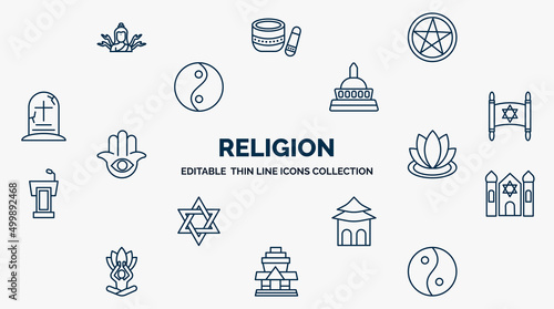 concept of religion web icons in outline style. thin line icons such as shiva, satanism, wat saket, torah, zen, synagogue, shrine, wat phrakaew, taoism vector.
