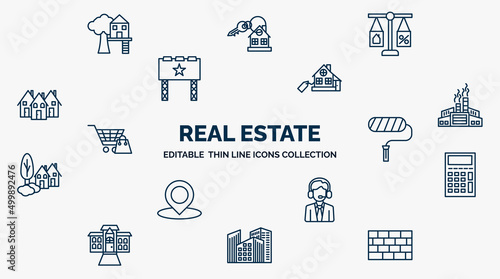 concept of real estate web icons in outline style. thin line icons such as tree house, juridical, real estate, industrial park, paint roll, calculate, agent, facade, wall vector.