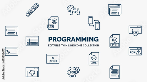 concept of programming web icons in outline style. thin line icons such as hyperlink, page, cross-platform, css, php, error 404, xml, image seo, software vector.