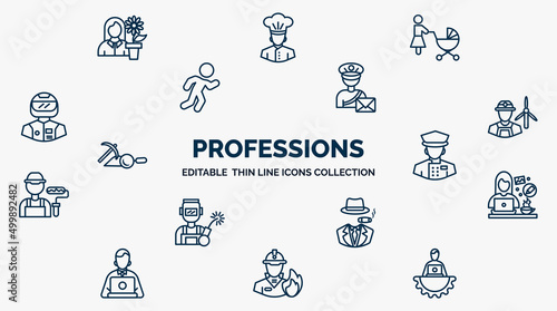 concept of professions web icons in outline style. thin line icons such as florist, baby sitter, postman, wind turbine technician, concierge, graphic de, mafia, firefighter, it manager vector.