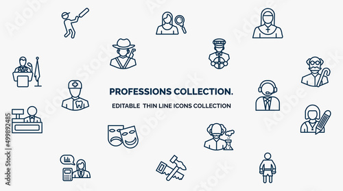 concept of professions collection. web icons in outline style. thin line icons such as cricket player, nun, driver, pensioner, callcenter, writer, scientist, carpenter, boxer vector.