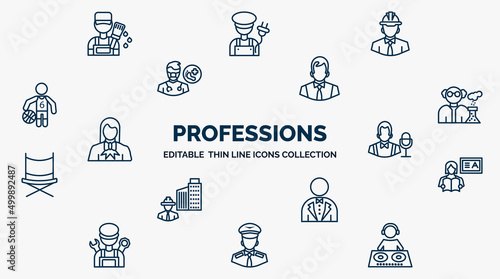 concept of professions web icons in outline style. thin line icons such as painter, engineer, office worker, chemist, showman, teacher, butler, pilot, dj vector.