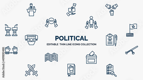 concept of political web icons in outline style. thin line icons such as political speech, unity, human rights, political flag, peace treaty, nightstick, voting, oath, checking vector.