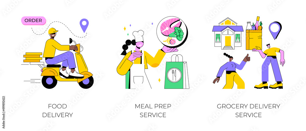 Products shipping abstract concept vector illustration set. Food delivery, meal prep service, grocery delivery service, social distancing, stay home, online order, safe shopping abstract metaphor.