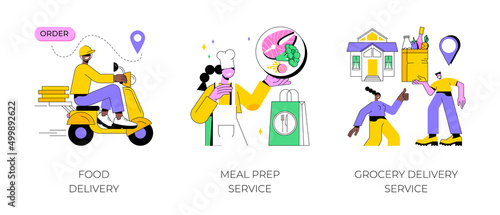 Products shipping abstract concept vector illustration set. Food delivery, meal prep service, grocery delivery service, social distancing, stay home, online order, safe shopping abstract metaphor.