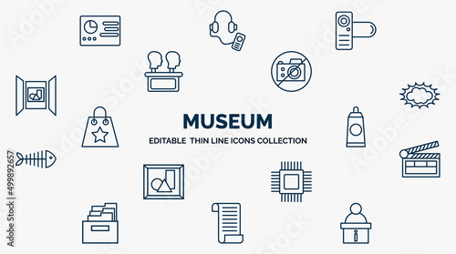 concept of museum web icons in outline style. thin line icons such as panel, photographic, no photo, pop art, acrylic, cinema, electronics, paper scroll, information desk vector.