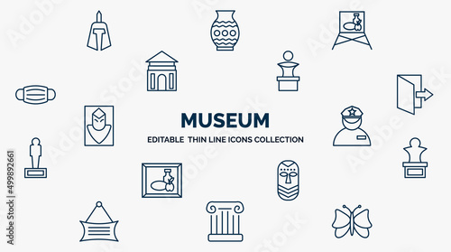 concept of museum web icons in outline style. thin line icons such as roman or greek helmet, museum canvas, sculpture, exit, security guard, bust, african mask, antique column, butterfly vector.