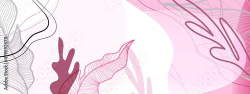 Gently pink floral background for text placement. Large tropical leaves, texture, shadows, blurry shapes. Vector illustration for promotions, promotions, discounts, banners, flyers, etc.
