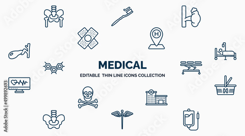 concept of medical web icons in outline style. thin line icons such as p, adrenal gland, hospital placeholder, illness on bed, table of treatments, phary shopping cart, hospital building front,