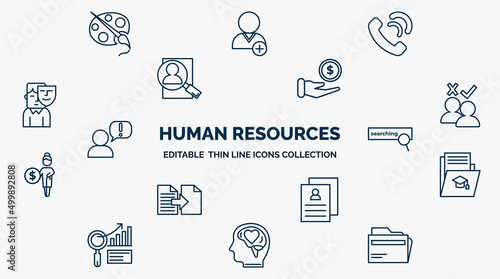 concept of human resources web icons in outline style. thin line icons such as art, call, earnings, selection process, searching, curriculum, cv, emotional intelligence, files vector.