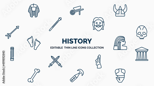 concept of history web icons in outline style. thin line icons such as sphinx, viking helmet, face, fossil, egypt, pantheon, moais, ancient weapon, archaeological vector.