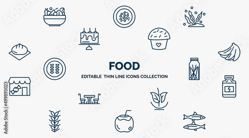 concept of food web icons in outline style. thin line icons such as bowl with vegetables, sea life, romantic muffin, bananas, spaguetti, protein container, vegan, drink in a coconut, sardines