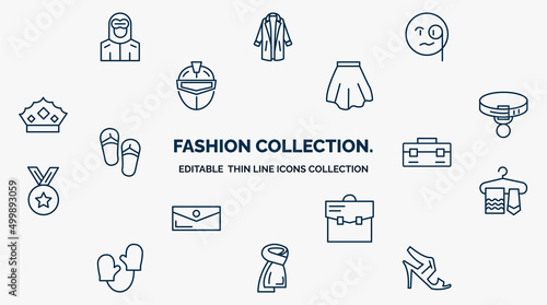 concept of fashion collection. web icons in outline style. thin line icons such as hazmat, monocle, short skirt, collar, closed briefcase, ties on hanger, book bag, wool scarf, high heel sandals