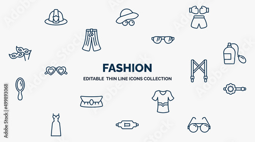 concept of fashion web icons in outline style. thin line icons such as firefighter hat, boxing ring, eyewear, smeel, suspenders, stud, sportswear, gym belt, vector.