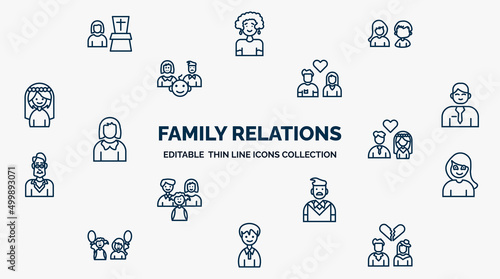 concept of family relations web icons in outline style. thin line icons such as widow / widower, sibling, girlfriend, husband, spouse, daughter, father, nephew, ex-husband vector.