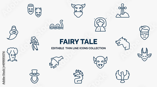concept of fairy tale web icons in outline style. thin line icons such as antagonist, excalibur, fairy godmother, protagonist, werewolf, faun, goblin, quetzalcoatl, phoenix vector.