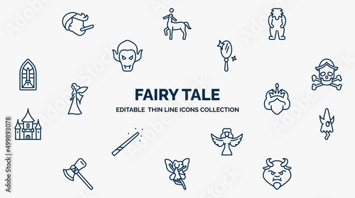 concept of fairy tale web icons in outline style. thin line icons such as pinocchio, yeti, enchanted mirror, caribbean, queen, karakasakozou, harpy, fairy, beast vector.