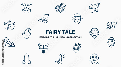 concept of fairy tale web icons in outline style. thin line icons such as cthulhu, valkyrie, frankenstein, chimera, dracula, elf, knight, rapunzel, monster vector.
