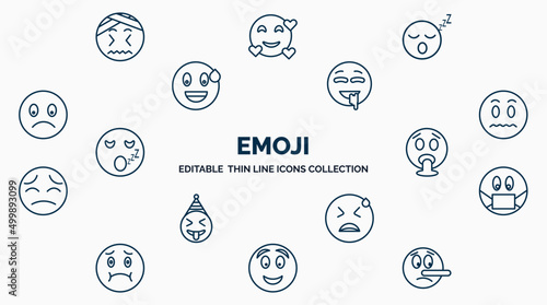 concept of emoji web icons in outline style. thin line icons such as headache emoji, sleep emoji, drool silent vomit sick desperate excited lying vector.