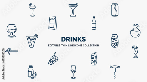 concept of drinks web icons in outline style. thin line icons such as sidecar drink, , lime rickey drink, coconut drink, tom collins, tropical itch, ice tea, glass with wine, sorkscrew vector.