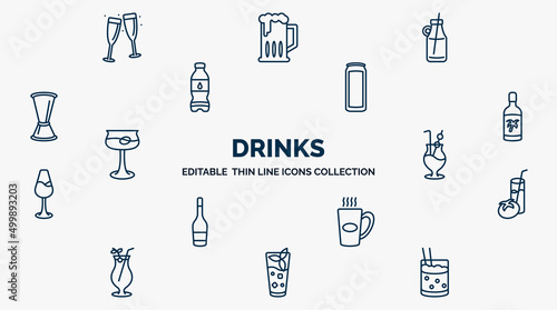 concept of drinks web icons in outline style. thin line icons such as toast, smoothie, energy drink, malibu, mai thai, tomato juice, boiling, mint julep, mind eraser drink vector.
