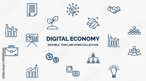 concept of digital economy web icons in outline style. thin line icons such as bill, deal, gold ingot, hierarchical structure, bar chart, population, organization, social media, light bulb vector.