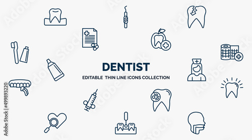concept of dentist web icons in outline style. thin line icons such as occlusal, damaged tooth, dentist, gauze, male nurse, dental, bacteria in mouth, interproximal, oral vector.
