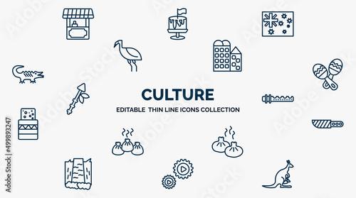 concept of culture web icons in outline style. thin line icons such as food stall, australian flag, bo kaap, maracas couple, native american flute, knife in sheath, steamed bread, ajotomate,