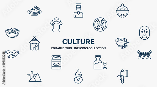 concept of culture web icons in outline style. thin line icons such as beijing roast duck, sleigh bell, imperial carp, native american mask, ajoblanco, native american canoe, orujo, kalabas, native
