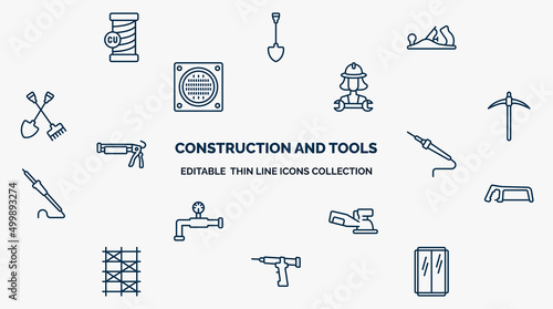 concept of construction and tools web icons in outline style. thin line icons such as copper, planer, mechanic working, pickaxe, solder, metal saw, sanding hine, sealant gun, glass wall vector.