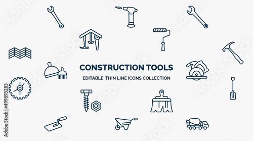 concept of construction tools web icons in outline style. thin line icons such as garage wrench, repair wrench, painter roller, brick hammer, circular saw, working shovel, builder brush, wheel