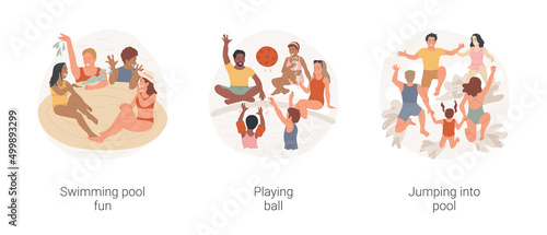 Neighborhood pool party isolated cartoon vector illustration set. Neighbors having fun, child in inflatable ring, kids play ball in swimming pool, diverse people jump in water vector cartoon.