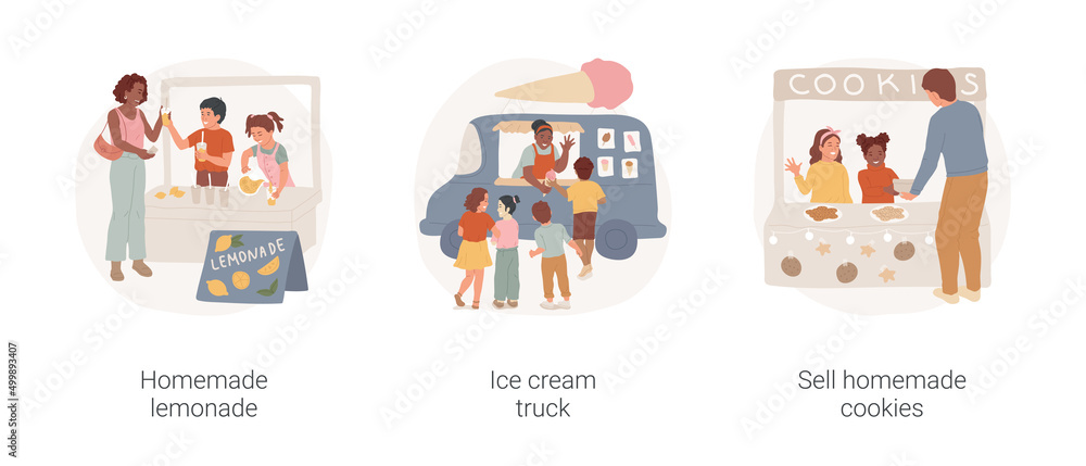 Community market isolated cartoon vector illustration set. Homemade lemonade stall, ice cream truck, local small business, girl sell cookies to neighbors, residential area buildings vector cartoon.