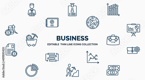 concept of business web icons in outline style. thin line icons such as chief executive officer, ascendant graph, maze game, statistics presentation, bussines briefcase, briefcase tings, line chart