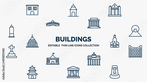 concept of buildings web icons in outline style. thin line icons such as prison, reserve bank, lincoln memorial, fuji mountain, chuch, uno building, brandenburg gate, greece, rapa nui vector.