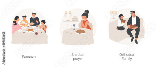 Jewish rituals isolated cartoon vector illustration set. Happy family celebrating Passover holiday, shabbat prayer, orthodox family, jewish religious father and his little son vector cartoon.